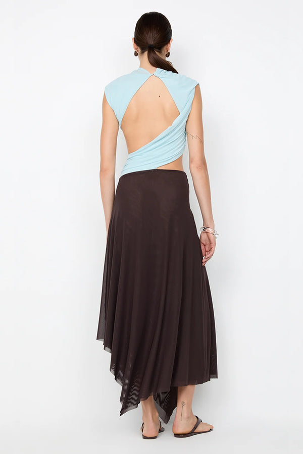 Conni Asym Midi Dress by Bec + Bridge, a two-tone mesh silhouette with cut-out waist, gathered sash, and raw hem for sculptural evening allure.