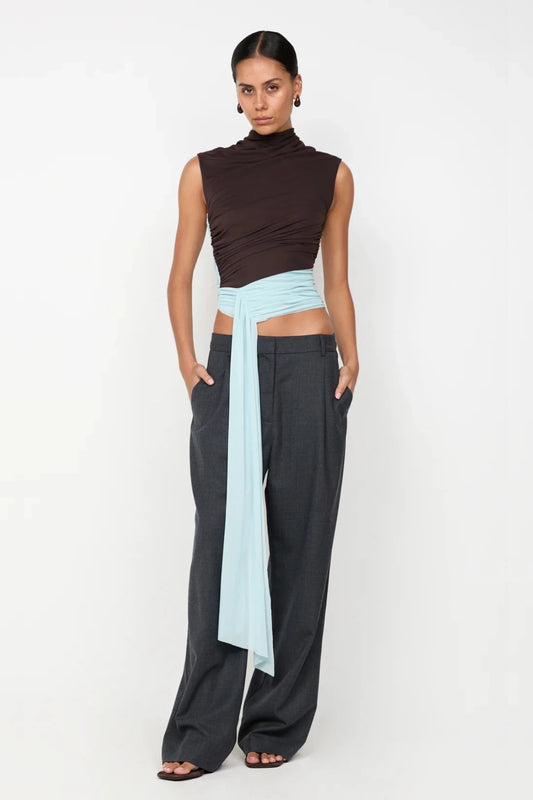 Conni Asym Top in Arctic/Chocolate by Bec + Bridge, mesh asymmetric top with contrast sash and open back. Perfect for nights out or glam resort looks.