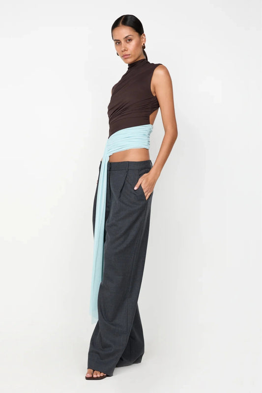 Conni Asym Top in Arctic/Chocolate by Bec + Bridge, mesh asymmetric top with contrast sash and open back. Perfect for nights out or glam resort looks.