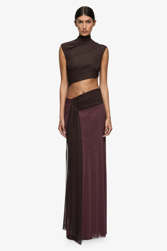 Conni Twist Maxi Dress Aubergine Dark Choc by Bec + Bridge – sculpted maxi dress with waist cut out and draped sash detail.