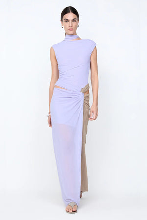 Conni Twist Maxi Dress by Bec + Bridge, a two-tone mesh gown with hip cutouts and scarf neck. Perfect for formal or evening events.