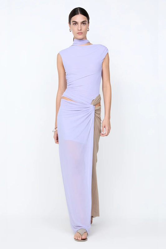 Conni Twist Maxi Dress by Bec + Bridge, a two-tone mesh gown with hip cutouts and scarf neck. Perfect for formal or evening events.
