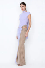 Conni Twist Maxi Dress by Bec + Bridge, a two-tone mesh gown with hip cutouts and scarf neck. Perfect for formal or evening events.