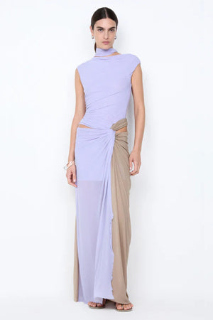 Conni Twist Maxi Dress by Bec + Bridge, a two-tone mesh gown with hip cutouts and scarf neck. Perfect for formal or evening events.