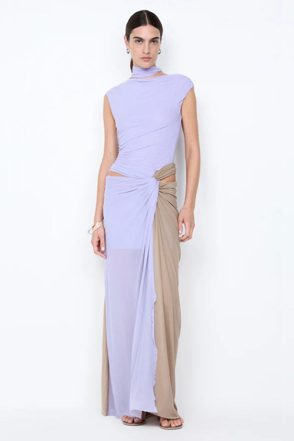 Conni Twist Maxi Dress by Bec + Bridge, a two-tone mesh gown with hip cutouts and scarf neck. Perfect for formal or evening events.