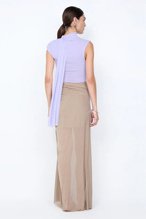 Conni Twist Maxi Dress by Bec + Bridge, a two-tone mesh gown with hip cutouts and scarf neck. Perfect for formal or evening events.