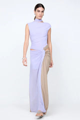 Conni Twist Maxi Dress by Bec + Bridge, a two-tone mesh gown with hip cutouts and scarf neck. Perfect for formal or evening events.