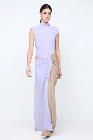 Conni Twist Maxi Dress by Bec + Bridge, a two-tone mesh gown with hip cutouts and scarf neck. Perfect for formal or evening events.