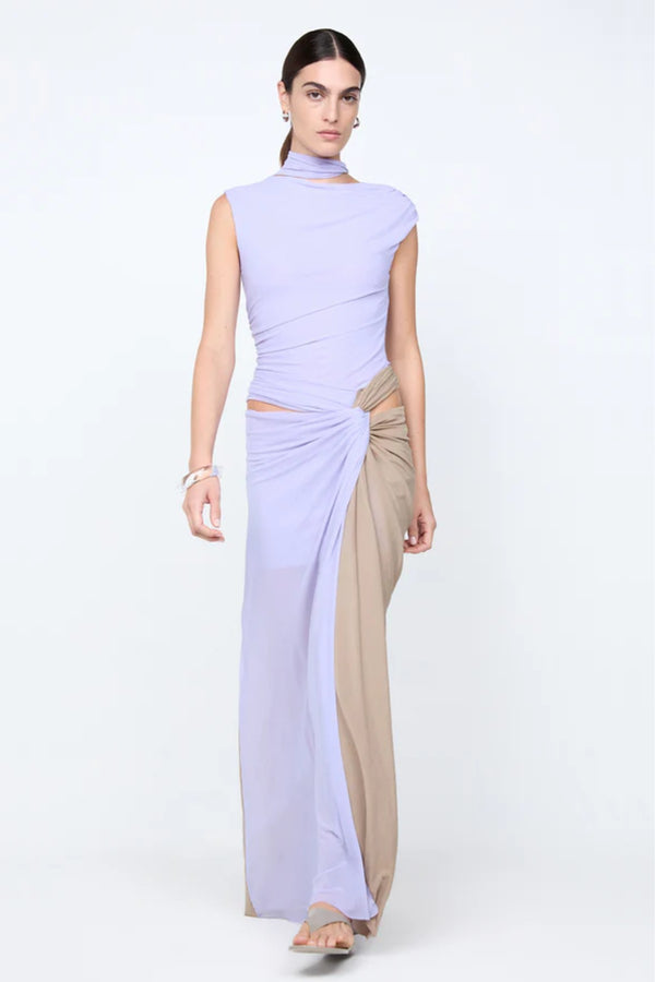 Conni Twist Maxi Dress by Bec + Bridge, a two-tone mesh gown with hip cutouts and scarf neck. Perfect for formal or evening events.