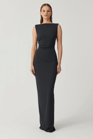 Verona Gown Storm by Effie Kats – Elegant stretch-crepe gown with high neckline, exuding ‘90s-inspired glamour for special events.