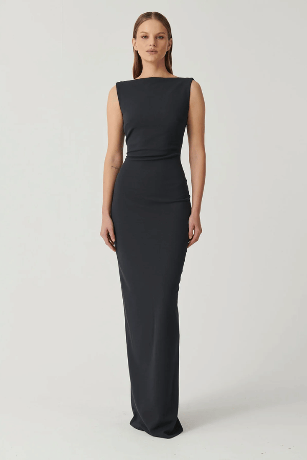 Verona Gown Storm by Effie Kats – Elegant stretch-crepe gown with high neckline, exuding ‘90s-inspired glamour for special events.