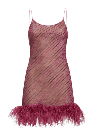 Shiny Stripes Plumage Dress Rose by Oséree – A viral, feather-adorned mini dress with metallic stripes, perfect for glamorous occasions where elegance meets bold style.