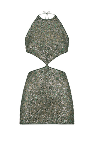 Netquins Cut Out Dress Metallic Green by Oséree – A bold sequin mini with sleek cut-outs, perfect for trendy nights out and unforgettable party looks.