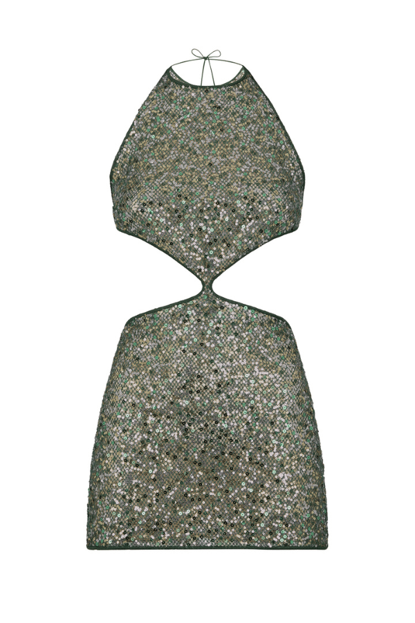 Netquins Cut Out Dress Metallic Green by Oséree – A bold sequin mini with sleek cut-outs, perfect for trendy nights out and unforgettable party looks.
