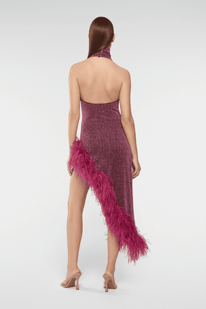 Lumiere Plumage Turtleneck Dress Aubergine by Oséree – A dazzling mini with ostrich feather trim and metallic sheen, perfect for show-stopping events or gala nights.