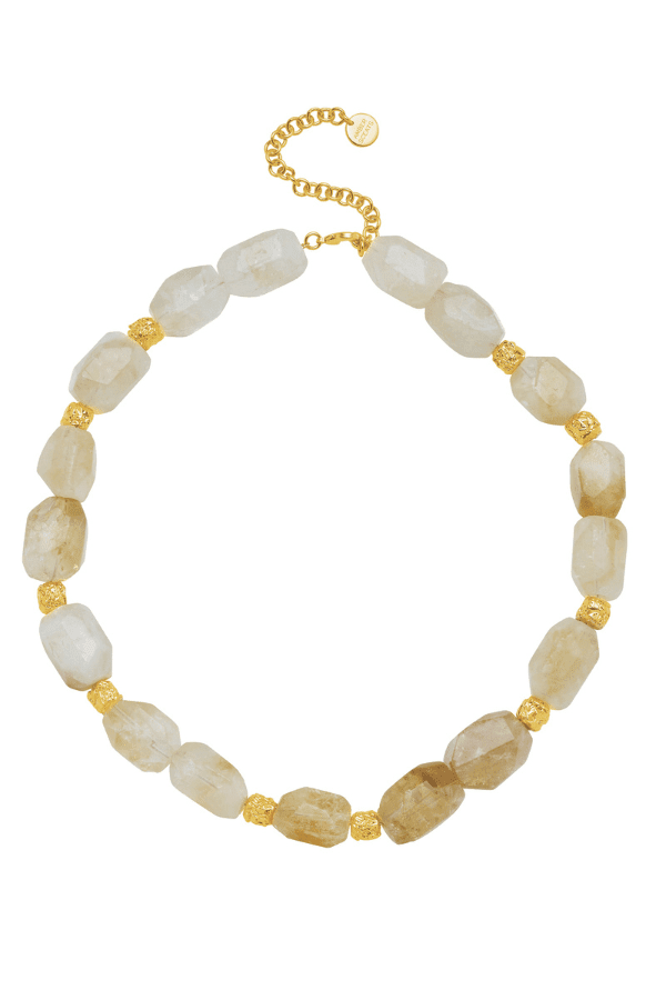 Petunia Necklace by Amber Sceats, elegant 24K gold-plated with natural citrine quartz, handcrafted in Italy for a timeless, trendy look.