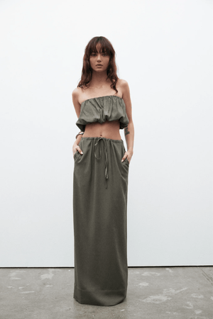 Juliana Top Slate by Bayse, gathered bubble design with elastic hems and structured boning, perfect for trendy viral summer looks and chic coordinated outfits.