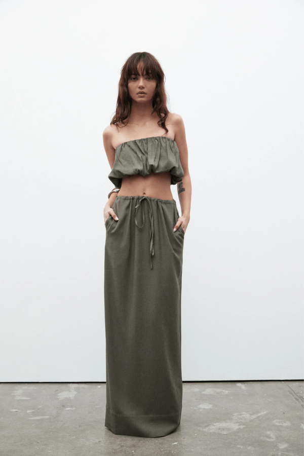 Juliana Top Slate by Bayse, gathered bubble design with elastic hems and structured boning, perfect for trendy viral summer looks and chic coordinated outfits.