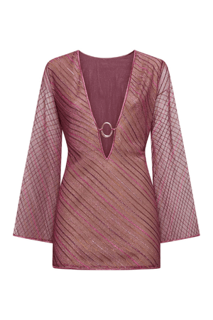 Shiny Stripes O Kaftan Red by Oséree – Trendy mini dress with bell sleeves and a flattering V-neck, featuring unique o gem detail for a bold, viral look.