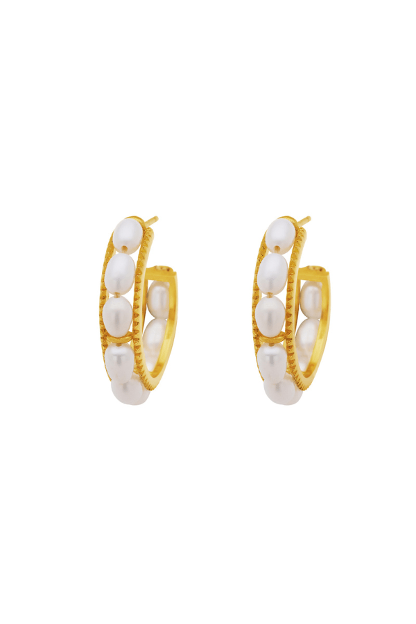 Grande Verbena Earrings by Amber Sceats, handcrafted in Italy with 24K gold plating and AAA+ freshwater pearls, perfect for a stylish, elegant statement.