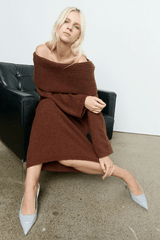 Sanna Off Shoulder Sweater Coffee by Sovere – Trendy off-shoulder knit with ribbed details and relaxed fit, perfect for chic, effortless everyday style.