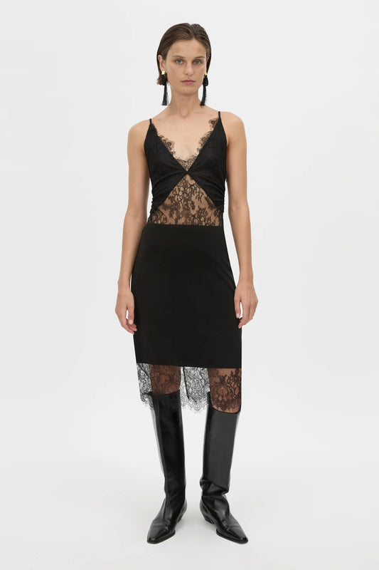 Cora V Neck Lace Bodysuit Black by camilla and marc – Japanese lace bodysuit with V neckline and scalloped edges.