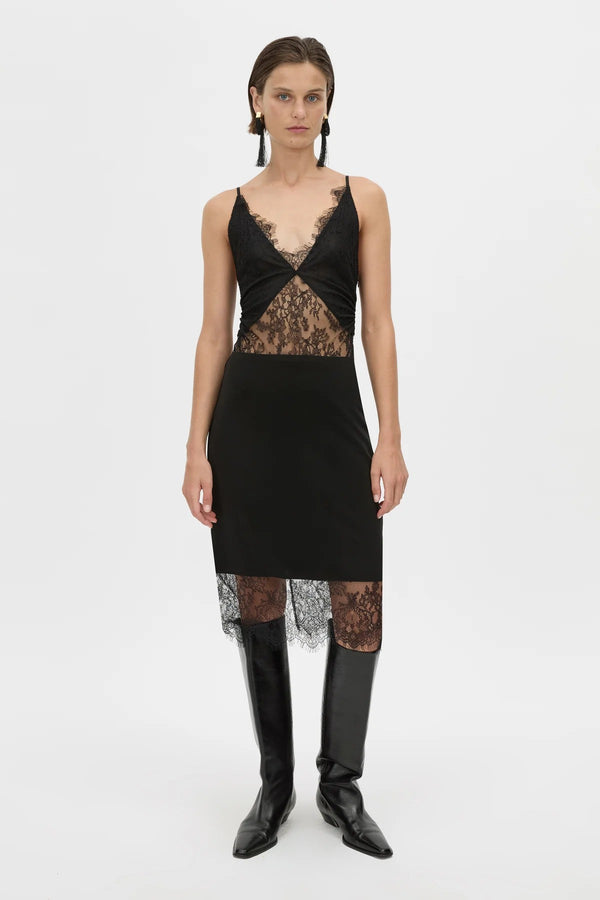 Cora V Neck Lace Bodysuit Black by camilla and marc – Japanese lace bodysuit with V neckline and scalloped edges.