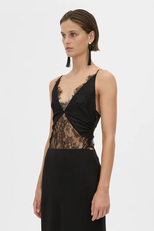 Cora V Neck Lace Bodysuit Black by camilla and marc – Japanese lace bodysuit with V neckline and scalloped edges.