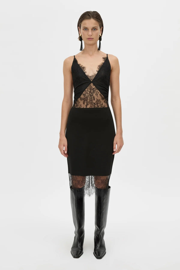 Cora V Neck Lace Bodysuit Black by camilla and marc – Japanese lace bodysuit with V neckline and scalloped edges.