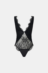 Cora V Neck Lace Bodysuit Black by camilla and marc – Japanese lace bodysuit with V neckline and scalloped edges.