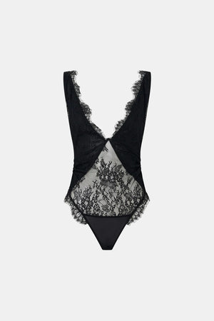 Cora V Neck Lace Bodysuit Black by camilla and marc – Japanese lace bodysuit with V neckline and scalloped edges.