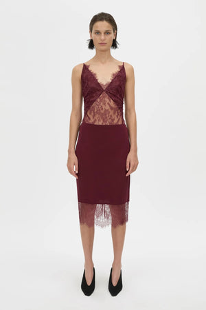 Cora V Neck Lace Bodysuit Burgundy by camilla and marc – Japanese lace bodysuit with V neckline and scalloped edges.