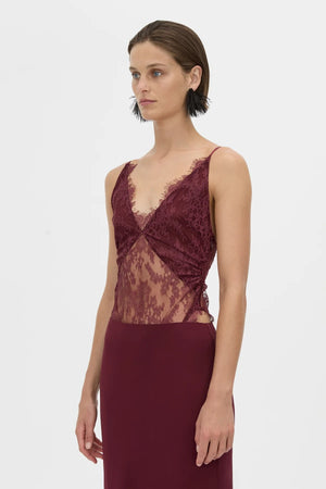 Cora V Neck Lace Bodysuit Burgundy by camilla and marc – Japanese lace bodysuit with V neckline and scalloped edges.