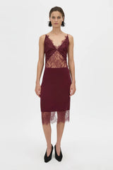 Cora V Neck Lace Bodysuit Burgundy by camilla and marc – Japanese lace bodysuit with V neckline and scalloped edges.