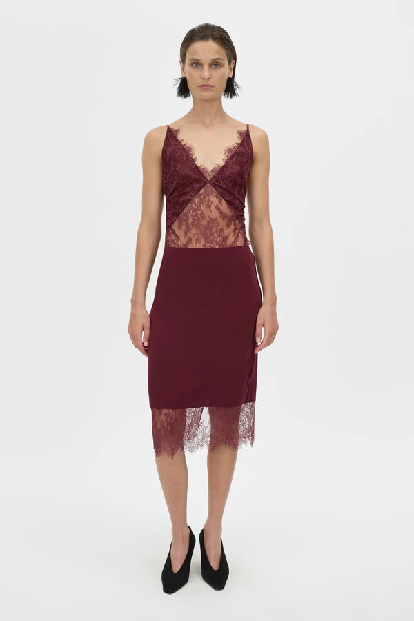 Cora V Neck Lace Bodysuit Burgundy by camilla and marc – Japanese lace bodysuit with V neckline and scalloped edges.