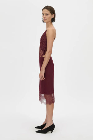 Cora V Neck Lace Bodysuit Burgundy by camilla and marc – Japanese lace bodysuit with V neckline and scalloped edges.