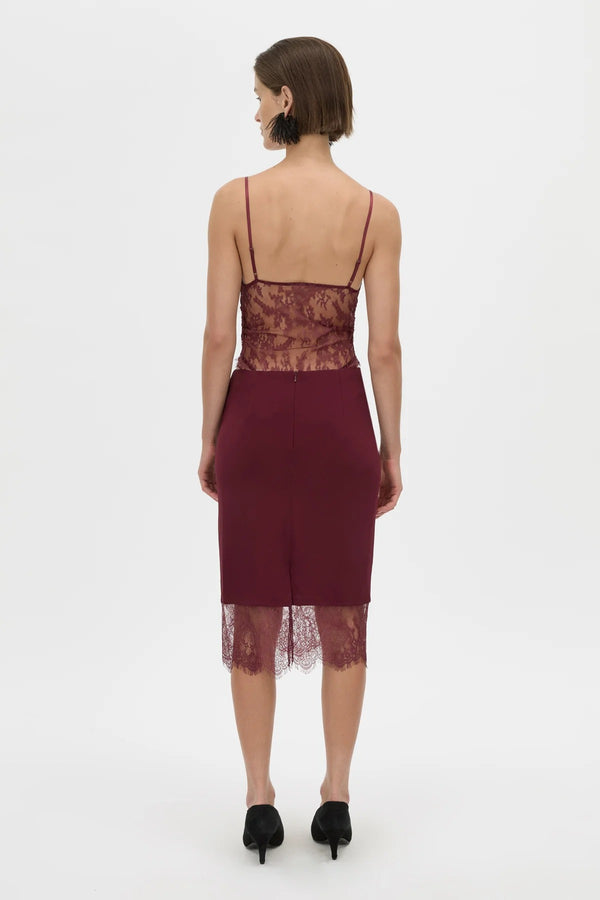 Cora V Neck Lace Bodysuit Burgundy by camilla and marc – Japanese lace bodysuit with V neckline and scalloped edges.