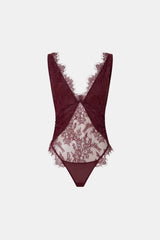 Cora V Neck Lace Bodysuit Burgundy by camilla and marc – Japanese lace bodysuit with V neckline and scalloped edges.