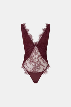 Cora V Neck Lace Bodysuit Burgundy by camilla and marc – Japanese lace bodysuit with V neckline and scalloped edges.