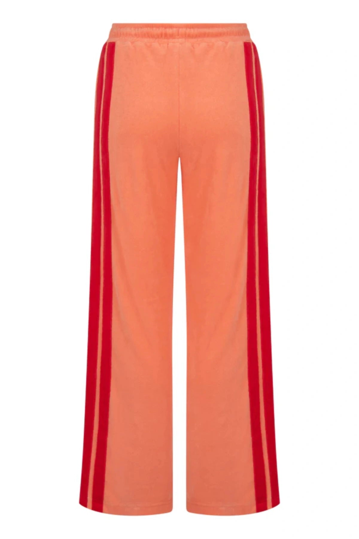 Corfu Terry Pant in Bougainvillea Pink by Araminta James, relaxed wide-leg cotton terry pants with contrasting red velour side panels, elasticated waistband, and side pockets for effortless coastal styling.