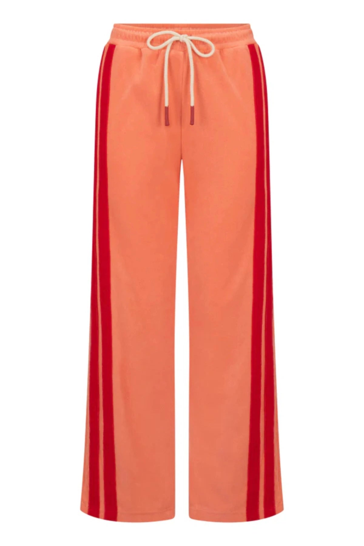 Corfu Terry Pant in Bougainvillea Pink by Araminta James, relaxed wide-leg cotton terry pants with contrasting red velour side panels, elasticated waistband, and side pockets for effortless coastal styling.