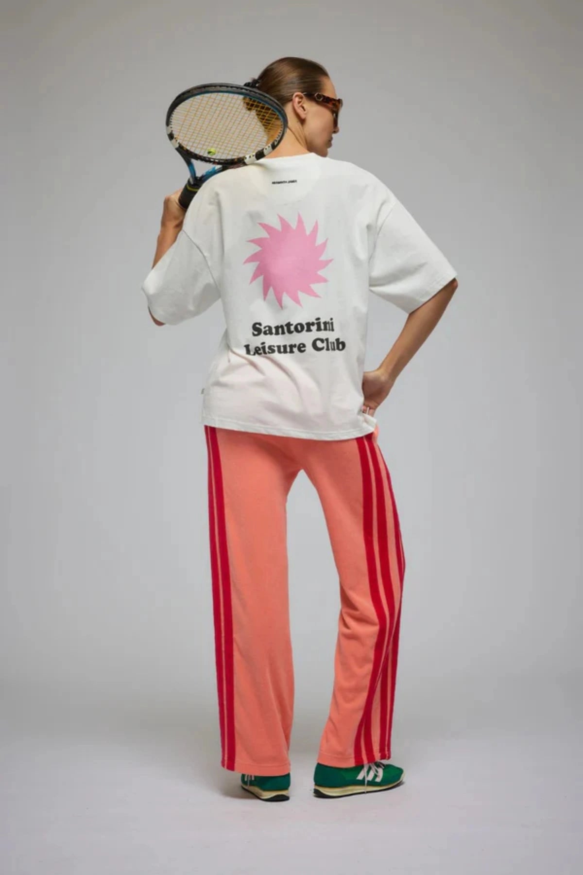 Corfu Terry Pant in Bougainvillea Pink by Araminta James, relaxed wide-leg cotton terry pants with contrasting red velour side panels, elasticated waistband, and side pockets for effortless coastal styling.