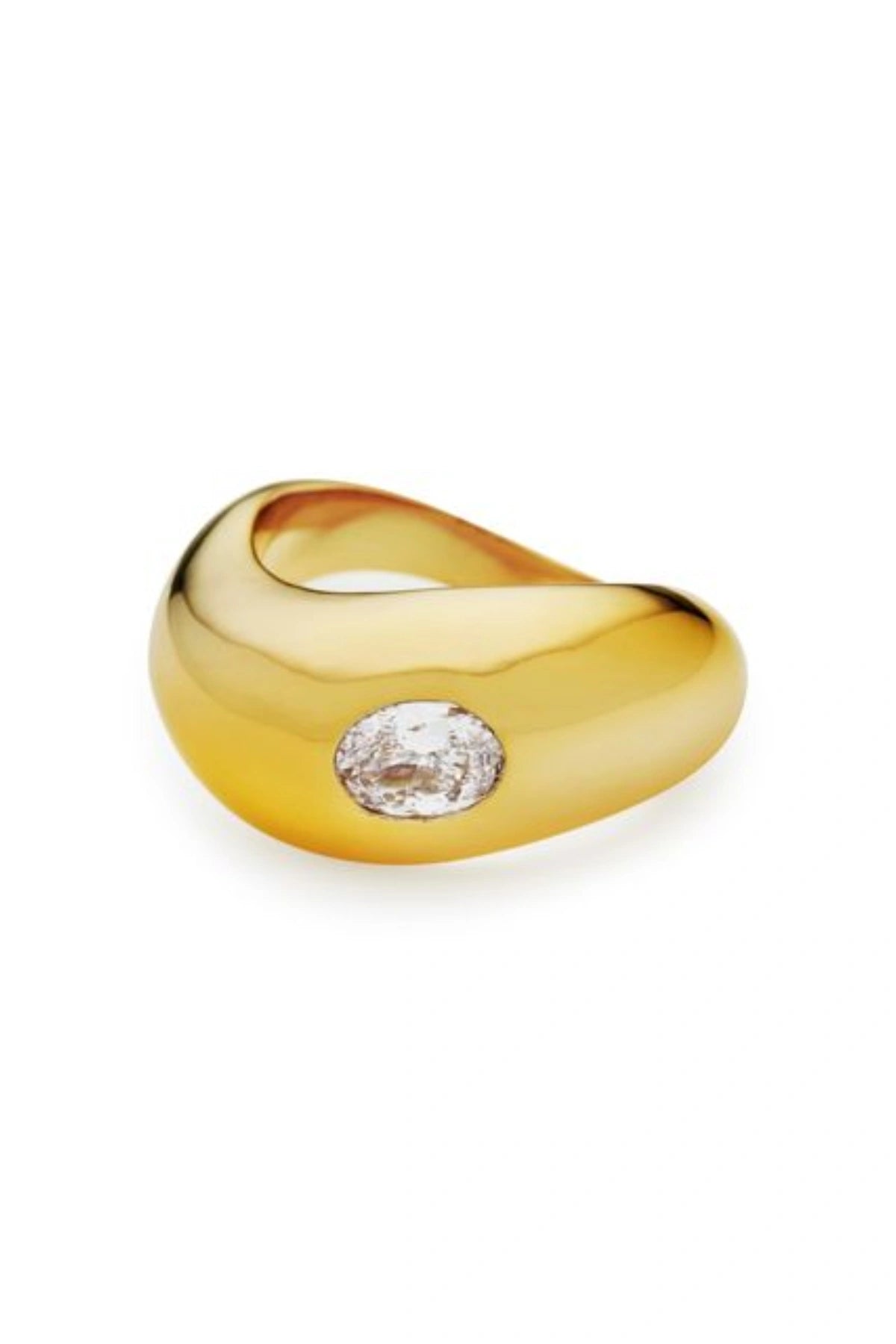 Corniglia Ring Gold by Amber Sceats, sculptural curved band with cubic zirconia crystal, a trendy piece perfect for everyday elegance or chic sets.
