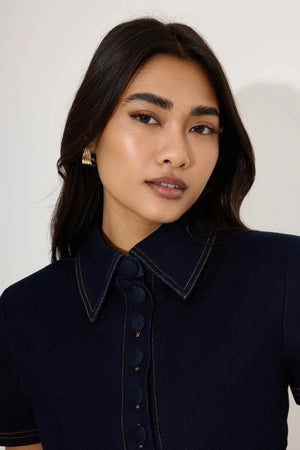 Cotton Mix Denim Collared Midi Dress by Odd Muse, structured denim midi dress with collar, perfect for chic day to evening wear