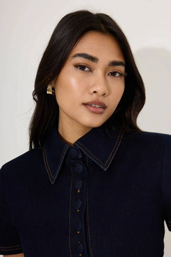 Cotton Mix Denim Collared Midi Dress by Odd Muse, structured denim midi dress with collar, perfect for chic day to evening wear