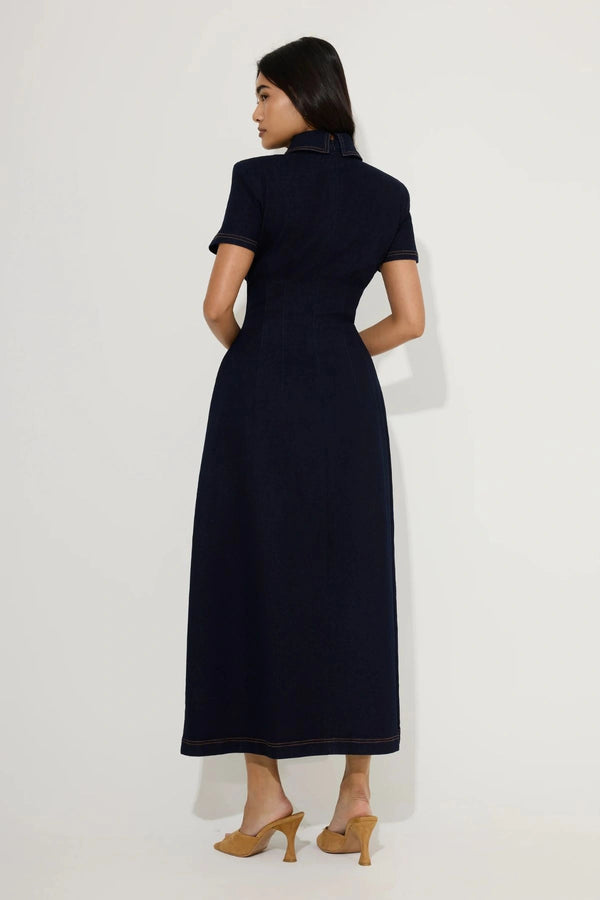 Cotton Mix Denim Collared Midi Dress by Odd Muse, structured denim midi dress with collar, perfect for chic day to evening wear