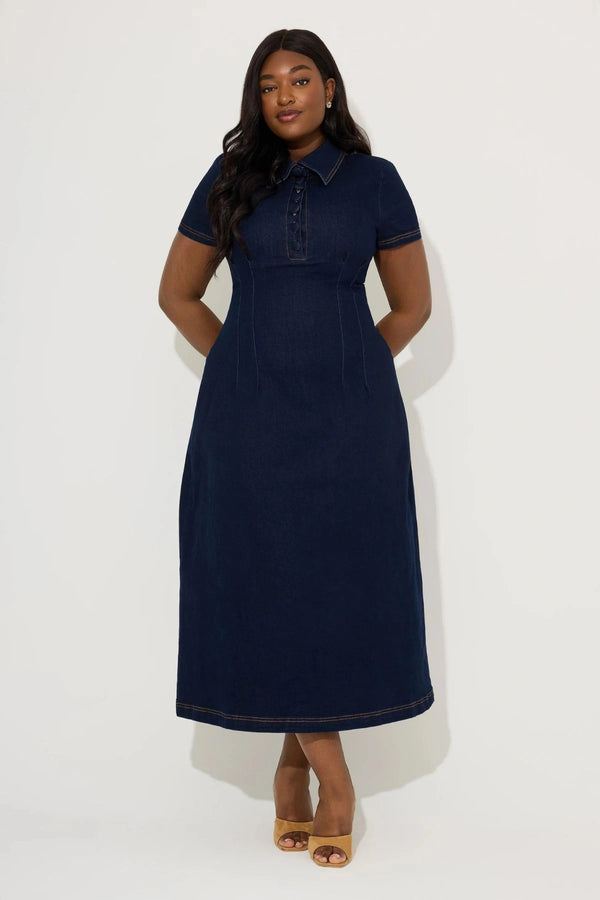 Cotton Mix Denim Collared Midi Dress by Odd Muse, structured denim midi dress with collar, perfect for chic day to evening wear
