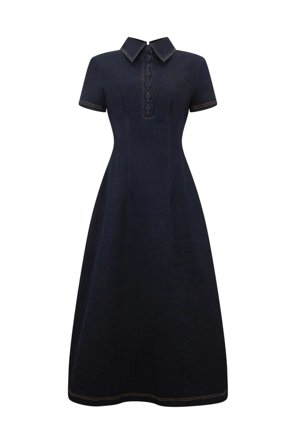Cotton Mix Denim Collared Midi Dress by Odd Muse, structured denim midi dress with collar, perfect for chic day to evening wear