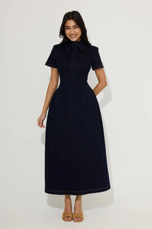 Cotton Mix Denim Collared Midi Dress by Odd Muse, structured denim midi dress with collar, perfect for chic day to evening wear