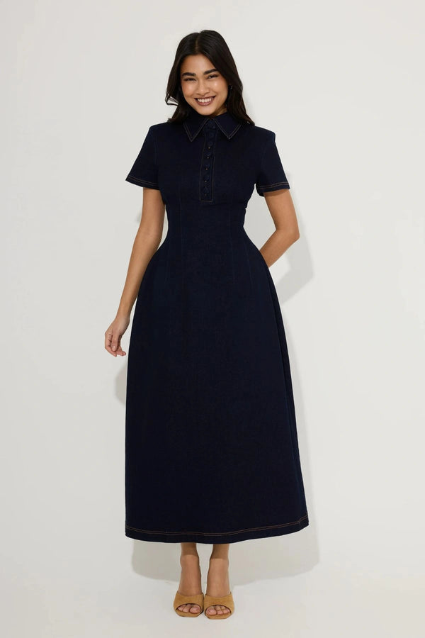 Cotton Mix Denim Collared Midi Dress by Odd Muse, structured denim midi dress with collar, perfect for chic day to evening wear